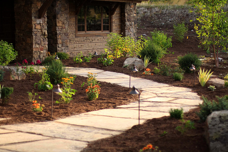 Terraced hillside garden with timber steps