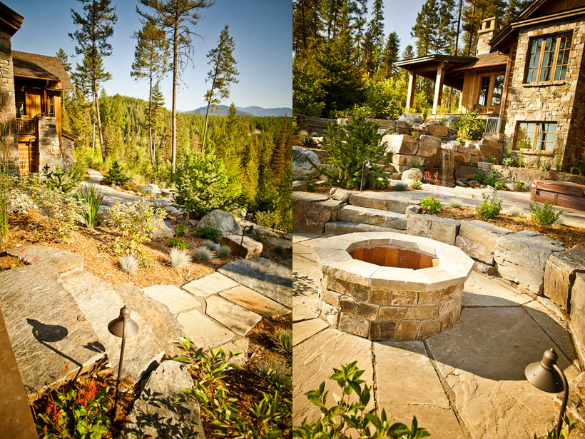 Custom fire pit area with surrounding landscape plantings